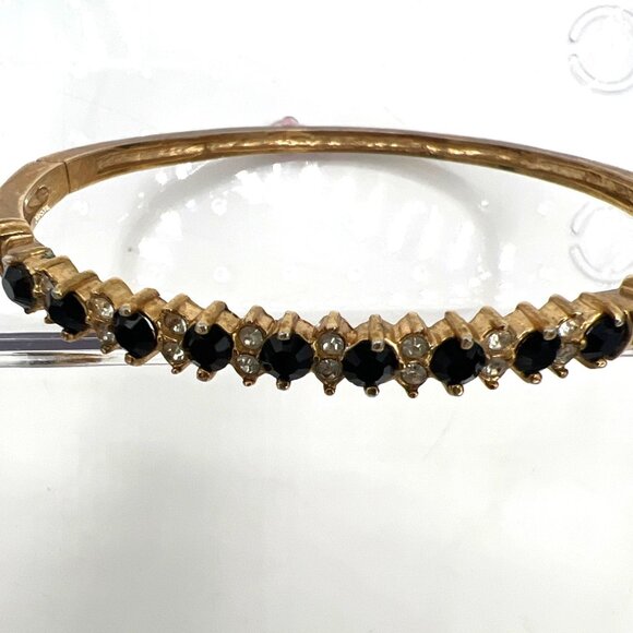 Vintage Hinged Bangle Bracelet Gold Tone Black & Clear Rhinestones - Picture 2 of 10